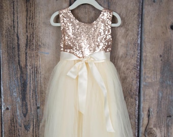 ivory and rose gold dress Gold Sequin Ivory Tulle V Back Wedding Flower Girl Dress, Pink Lace Belt 1T --- Chest = 20 inches/ Waist = 19 inches/ Hollow to knee = 20.5 inches