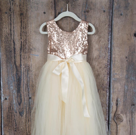 Ivory Cream Flower Girl Dress Rose Gold Sequin Top Floor | Etsy