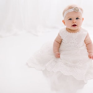 May include: A baby girl wearing a white lace dress and a headband with a jeweled accent. The baby is sitting on a white background.