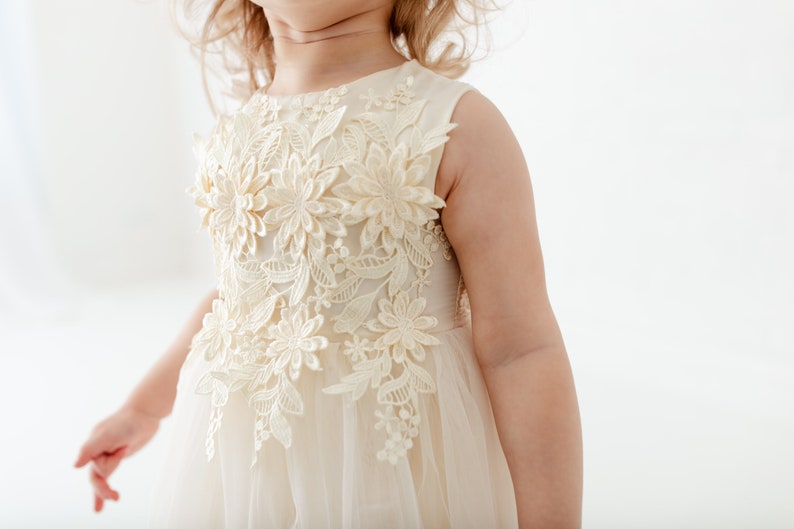 May include: A sleeveless, ivory tulle dress with a floral lace overlay. The lace features delicate flowers and leaves in a raised design.