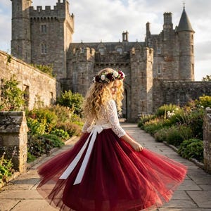 Burgundy Lace Flower Girl Dress, Vintage White Laces Wedding Dresses for Girls, Will You Be My Flower Girl Proposal Outfit image 12