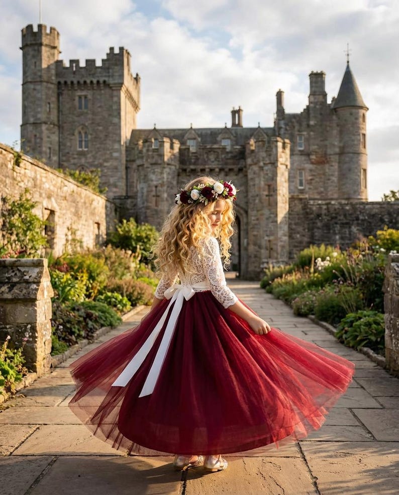 Burgundy Lace Flower Girl Dress, Vintage White Laces Wedding Dresses for Girls, Will You Be My Flower Girl Proposal Outfit image 12