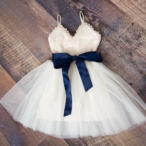 May include: A white tulle dress with a sequined bodice and a navy blue satin ribbon tied in a bow at the waist.