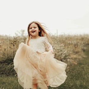 White Lace Flower Girl Dress with Champagne Tulle Tutu Skirt, Two Piece Boho Fairy Wedding Outfit for Girls image 11