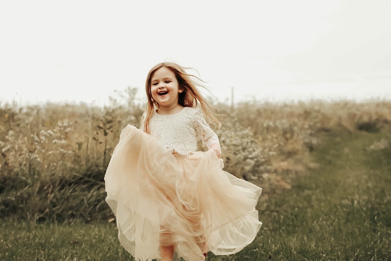 White Lace Flower Girl Dress with Champagne Tulle Tutu Skirt, Two Piece Boho Fairy Wedding Outfit for Girls image 11