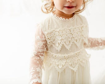 Bohemian Lace Flower Girl Dress, Rustic Ivory Tulle Wedding Dress, Bohemian Lace Dress, Boho Christening Gown, Baptism Dress