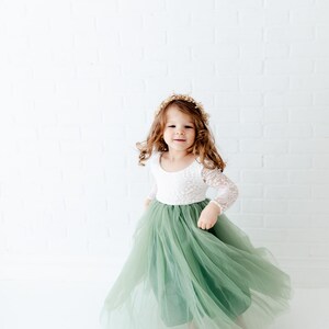 Sage Green Long Sleeve Flower Girl Dress, White Lace Boho Wedding Dress for Girls, Mint Tulle Ball Gown, Eucalyptus & Fern Inspired image 9
