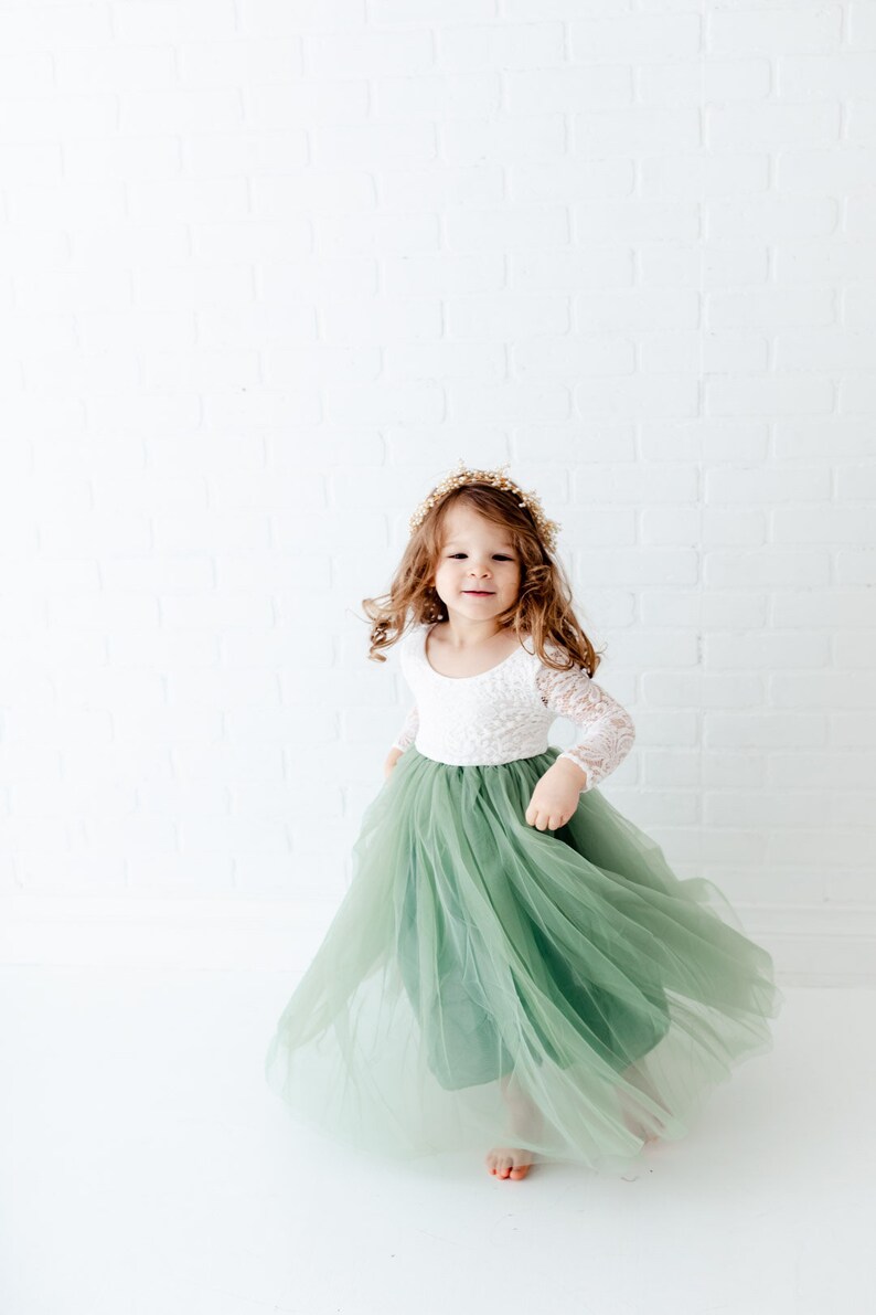 Sage Green Long Sleeve Flower Girl Dress, White Lace Boho Wedding Dress for Girls, Mint Tulle Ball Gown, Eucalyptus & Fern Inspired image 9