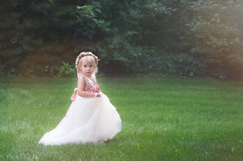 Romantic Tulle Flower Girl Dress, Boho Chic Dresses, Ivory Ball Gown, Rose Gold Sequin Dress image 6