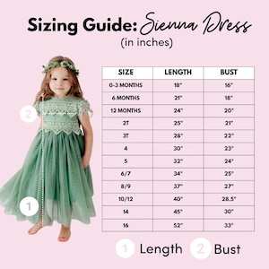 May include: A sizing guide for the Sienna Dress featuring a table with length and bust measurements in inches. The chart lists sizes from 0-3 months to 16, with corresponding dimensions. A child wears a sage green lace and tulle dress.