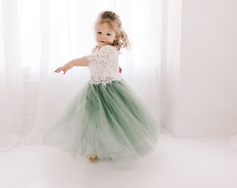 Sage Green Tulle Two Piece Tutu Skirt, Romantic Moss Flower Girl Dress, Boho White Lace Dress
