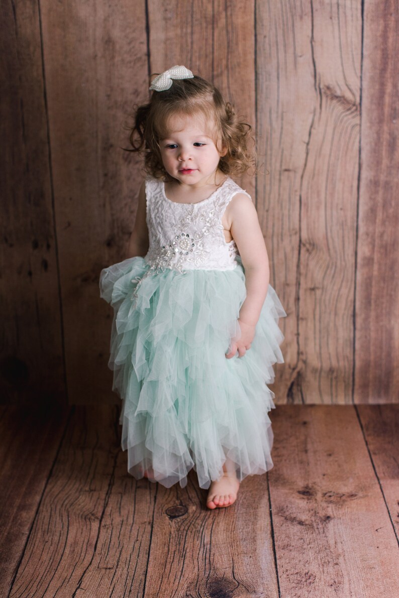 White Lace Flower Girl Dress Romantic Mint Green Tulle Etsy