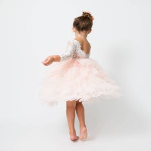White Lace Flower Girl Dress, Blush Pink Tulle, Long Sleeve Wedding dress, Romantic Boho Dress image 10