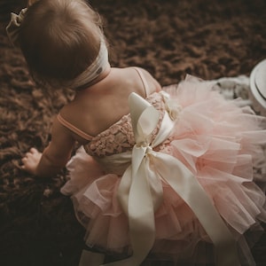 May include: A young child wearing a pink tulle dress with a white satin bow. The dress has a lace bodice and the child is sitting on a brown carpet.