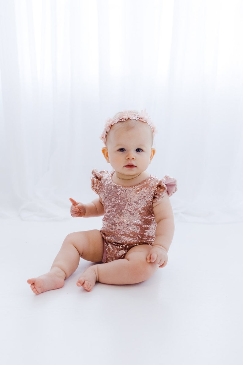 Rose Gold Sequin Leotard, Blush Pink Jumpsuit, Birthday Girl Smash Cake Outfit, Toddler Girls Clothes 