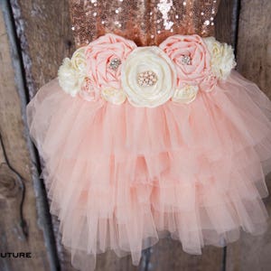 May include: A pink tulle tutu skirt with a flower sash. The sash is made of white and pink fabric flowers with a pearl embellishment in the center.