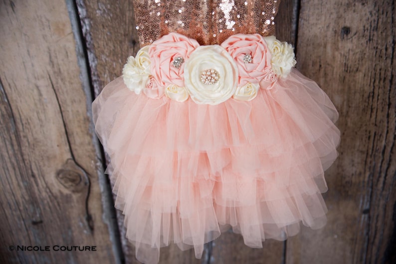 Rose Gold Sequin Flower Girl Dress Blush Pink Tulle Wedding Etsy