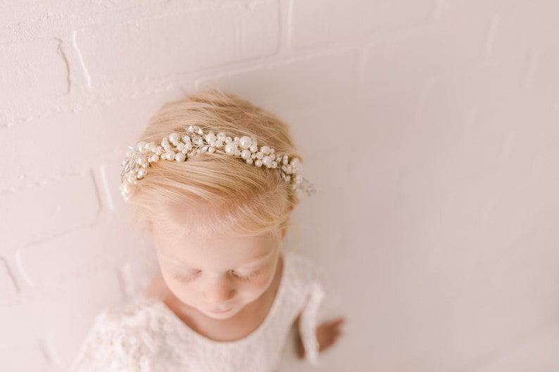 Kelly Pearl Wedding Headband, Flower Halo, Floral Turban, Toddler Bohemian Bridal Hairpiece image 2