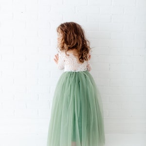Sage Green Long Sleeve Flower Girl Dress, White Lace Boho Wedding Dress for Girls, Mint Tulle Ball Gown, Eucalyptus & Fern Inspired image 5