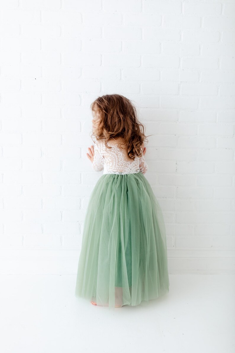 Sage Green Long Sleeve Flower Girl Dress, White Lace Boho Wedding Dress for Girls, Mint Tulle Ball Gown, Eucalyptus & Fern Inspired image 5