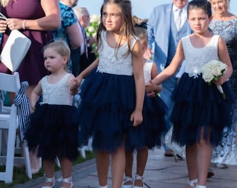 Boho Flower Girl Dress Crochet Lace Tulle, Bohemian Chic Wedding Dress, Beach Country Flower Girl Outfit, Navy White Proposal Dress