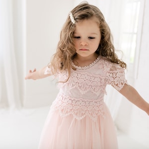 Bohemian Lace Flower Girl Dress, Boho Tulle Wedding Dress, Blush Toddler Lace Dress, Beach Wedding- Sienna
