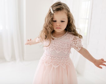 Bohemian Lace Flower Girl Dress, Boho Tulle Wedding Dress, Blush Toddler Lace Dress, Beach Wedding- Sienna