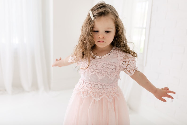 Rustic Lace Flower Girl Dress, Blush Pink Boho Wedding Dress for Girls, Rose Gold Tulle Junior Bridesmaid Gown image 8
