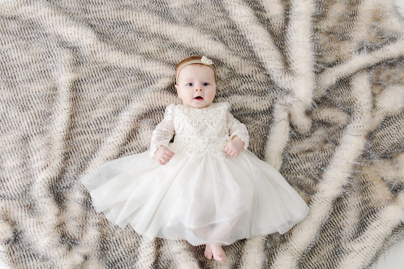 Tyra Ivory Lace Flower Girl Dress, Bohemian Tulle Wedding Dress, Rustic Baby Christening Gown image 8