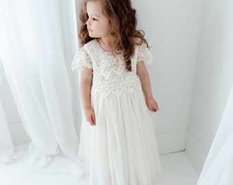 Cream Ivory Flower Girl Dress, Lace dress, Champagne Wedding Dress, Crochet Beach Wedding Dress