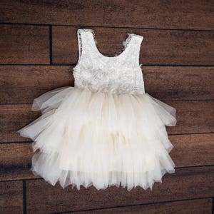 May include: A white tulle dress with a lace bodice. The dress has multiple layers of tulle and a scalloped hem.