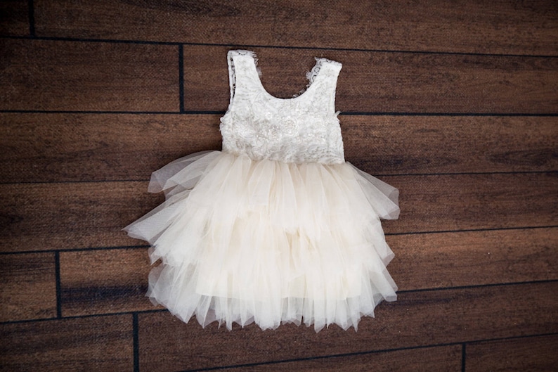 May include: A white tulle dress with a lace bodice. The dress has multiple layers of tulle and a scalloped hem.