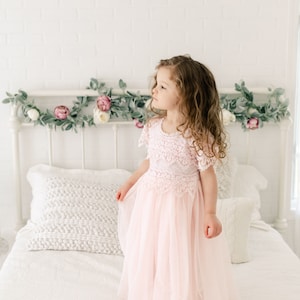 Rustic Lace Flower Girl Dress, Blush Pink Boho Wedding Dress for Girls, Rose Gold Tulle Junior Bridesmaid Gown image 7