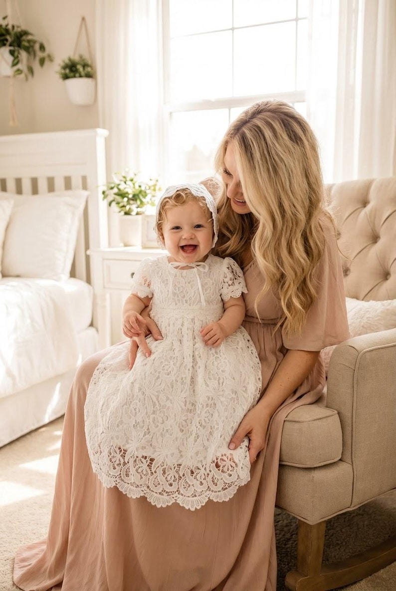 Newborn Lace Christening Gown for Baby Girl, Elegant Baptism Dress, White Blessing Day Outfit, Infant Dedication Ceremony Dress image 2