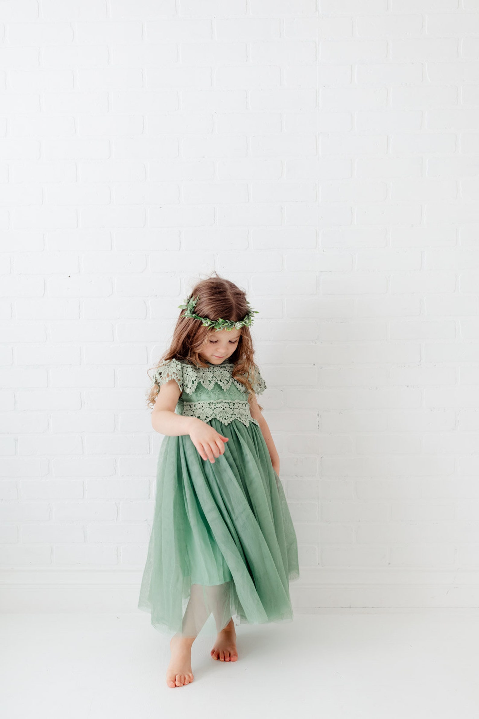 Boho Sage Lace Flower Girl Dress Romantic Green Toddler Tulle Etsy