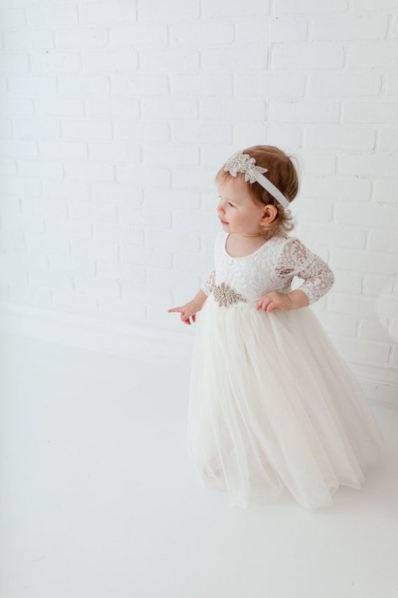 Ivory Tulle Flower Girl Dress, White Lace Dress, F