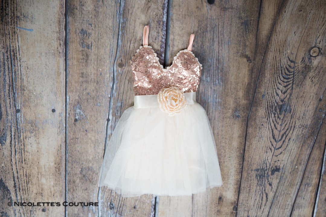 Ivory Flower Girl Dress, Beach Wedding Dress, Rose Gold Sequin