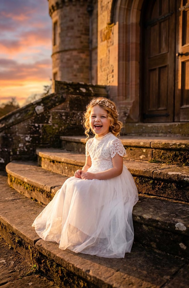 May include: A white floor-length dress featuring a lace bodice with short sleeves and a layered tulle skirt. The garment is paired with a delicate gold-toned floral headpiece worn on the head, completing the ensemble with a refined appearance.