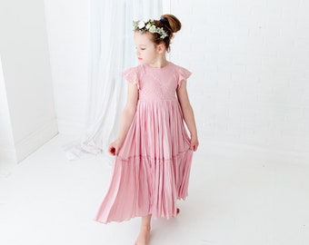 Bohemian Blush Flower Girl Dress, Pink Wedding Gown, Toddler Girl Twirl Dress, Infant Boho Dresses- Hazel