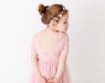 Bohemian Blush Flower Girl Dress, Rustic Tulle Pink Wedding Dress, Will You Be My Flower Girl Proposal, Boho Dresses-- Erin