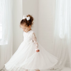 Long Sleeve Lace Flower Girl Dress, Rustic White Tulle Wedding Outfit for Girls, Bohemian Christening Gown, Baby Baptism Dresses image 4