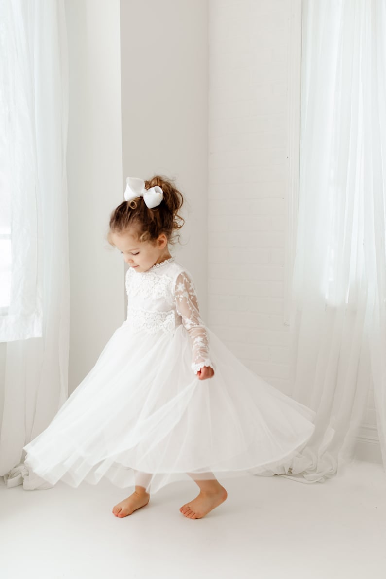 Long Sleeve Lace Flower Girl Dress, Rustic White Tulle Wedding Outfit for Girls, Bohemian Christening Gown, Baby Baptism Dresses image 4