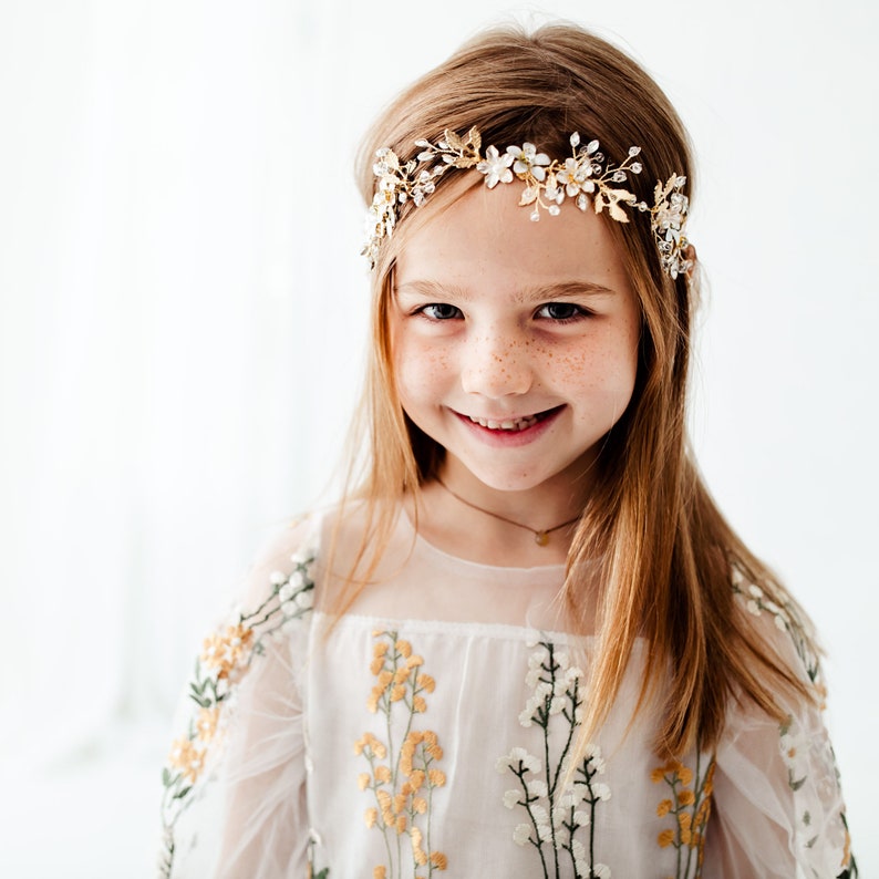Lavelle Gold Floral Wedding Headband, Flower Girl Halo Crown, Rhinestone Baby Headband, Bohemian Greek Goddess Headpiece image 2