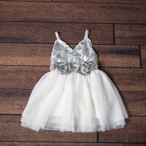 Silver Sequin Flower Girl Dress, White Tulle Toddler Flower Girl Dresses, Beach Wedding Dress. Ava image 1