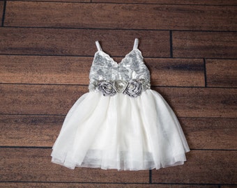 Silver Sequin Flower Girl Dress, White Tulle Toddler Flower Girl Dresses, Beach Wedding Dress. Ava