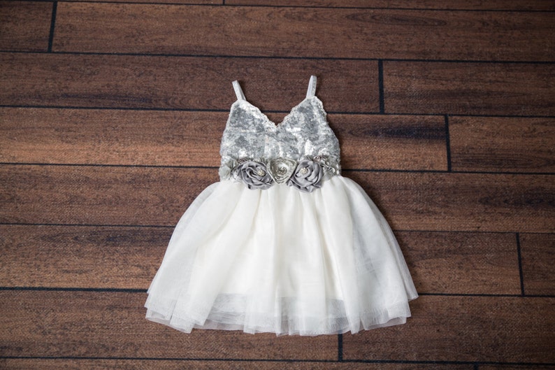 Silver Sequin Flower Girl Dress, White Tulle Toddler Flower Girl Dresses, Beach Wedding Dress. Ava image 1