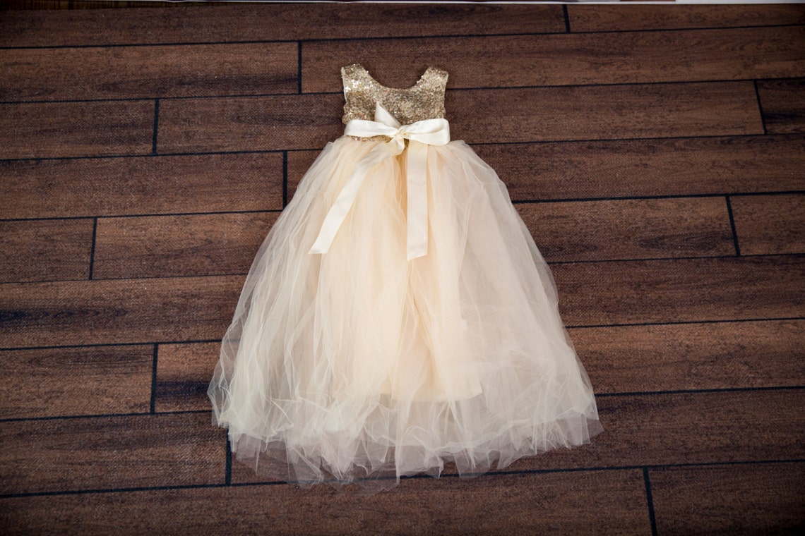 Romantic Gold Sequin Flower Girl Dress Elegant Ivory Tulle Etsy