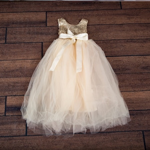 Gold Sequin Flower Girl Dress, Champagne Tulle Flower Girl Dresses, Romantic Ball Gown