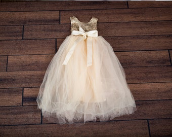 Champagne Tulle Flower Girl Dress with Gold Sequin Bodice, Romantic Toddler Wedding Dress, Princess Ball Gown, Junior Bridesmaid Dress
