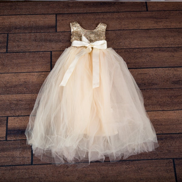 Champagne Tulle Flower Girl Dress with Gold Sequin Bodice, Romantic Toddler Wedding Dress, Princess Ball Gown, Junior Bridesmaid Dress
